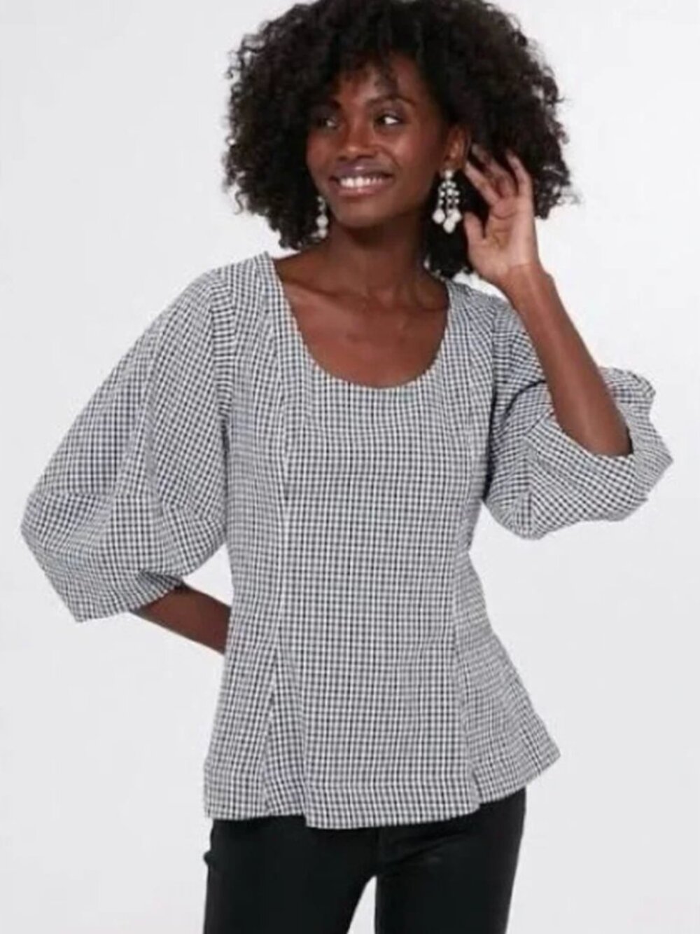 Pomander Place Tuckernuck Peplum Scoop Neck Black Gingham Puff Sleeve Blouse, XS